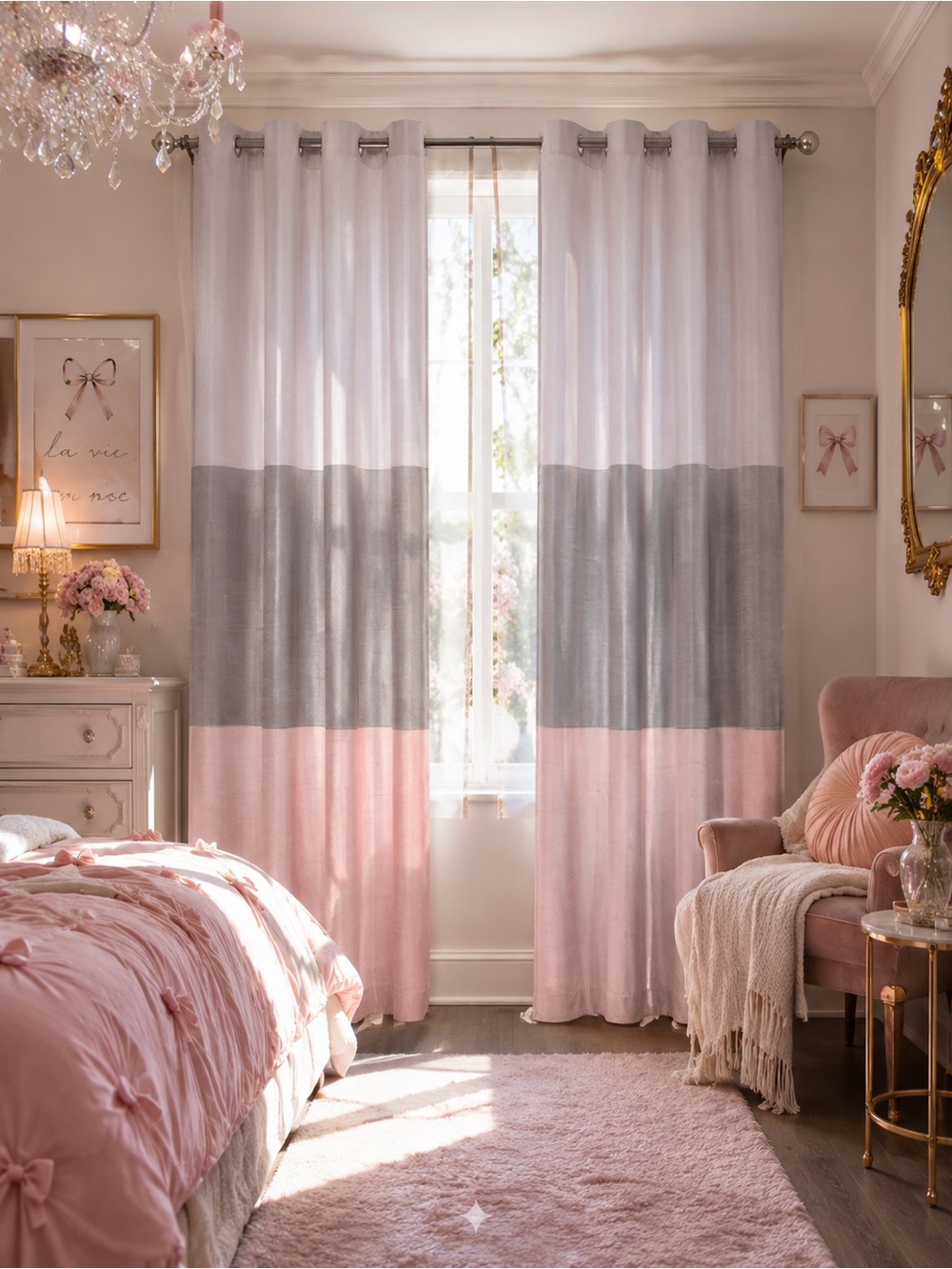 Two-Tone Pink and Gray Grommet Top Window Curtains